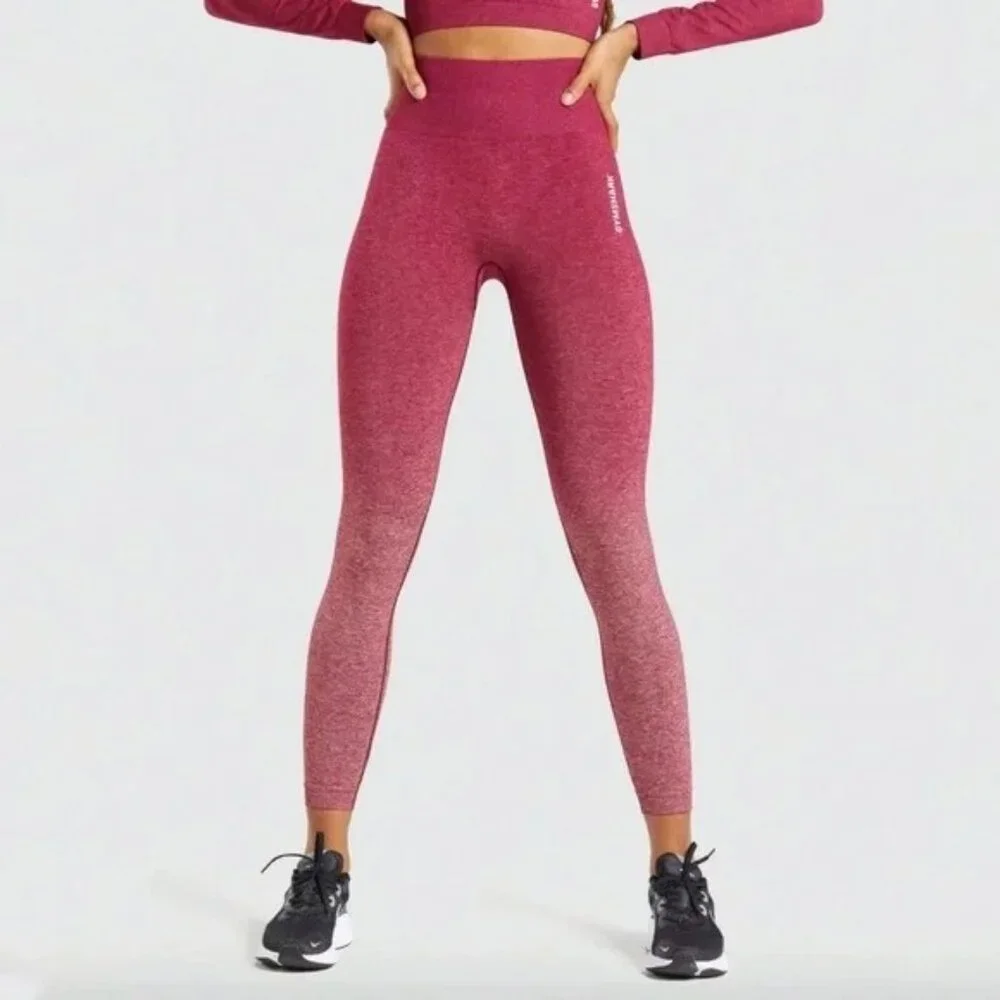 Gymshark Set Adapt Ombre Seamless Leggings & Long Sleeve Crop Top Burgundy Mediu - Picture 2 of 16